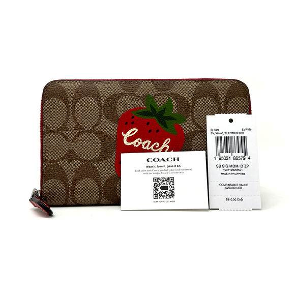 Coach Medium Id Zip Wallet Signature Canvas Wild Strawberry Khaki Red CH529 - Picture 2 of 9